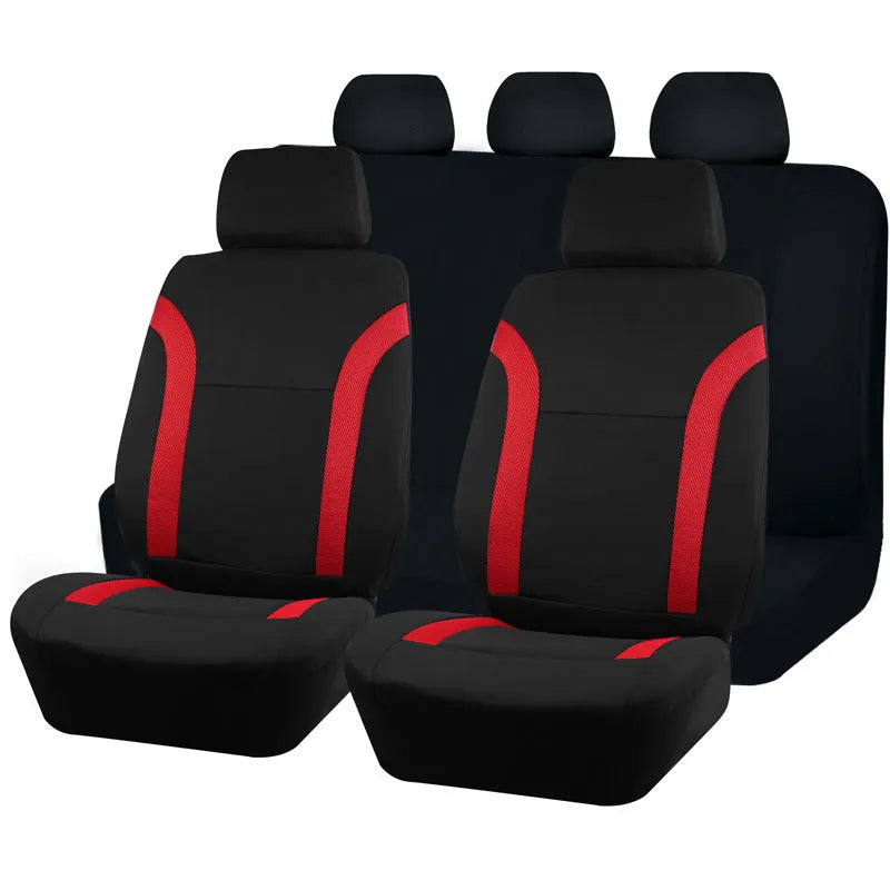 Universal polyester car seat cover set with eyelet stitching in black, blue, grey, or red colour options.
