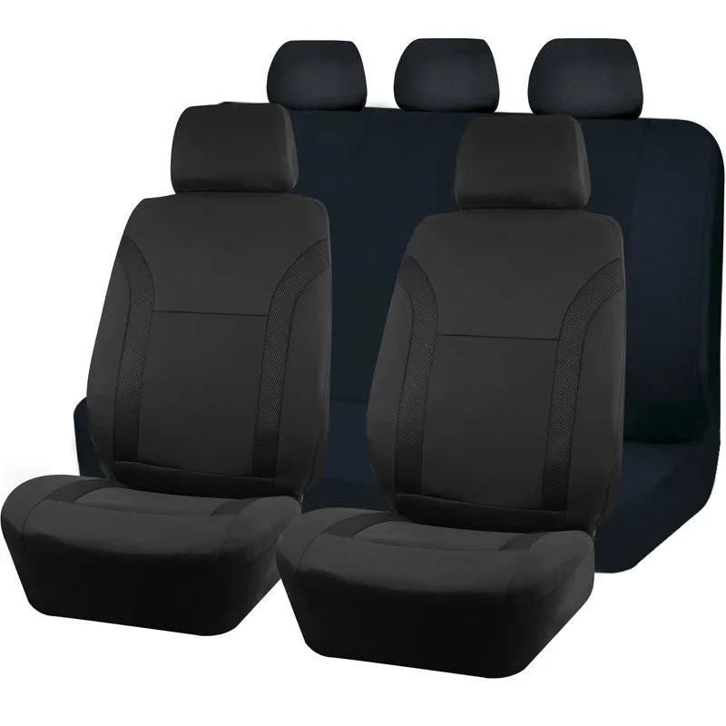 Universal polyester car seat cover set with eyelet stitching in black, blue, grey, or red colour options.