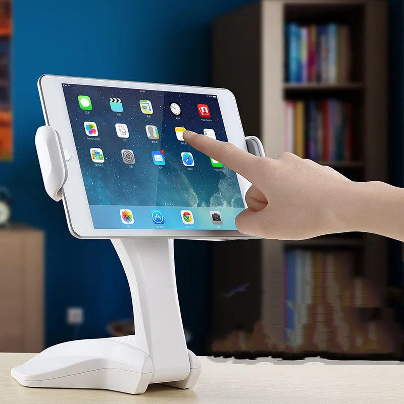 White tablet stand with adjustable clip holding a tablet at 250 mm height