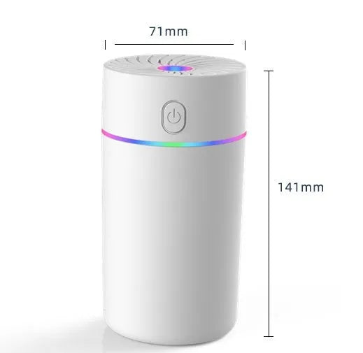 Black and white USB car mini humidifier with aromatherapy function on a car dashboard.