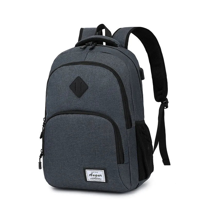 Grey lightweight backpack with USB charging port and trolley strap, showing dimensions 32cm x 15cm x 46cm.