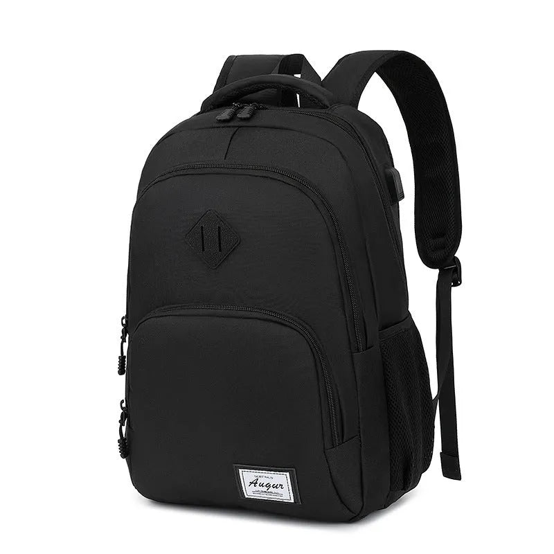 Grey lightweight backpack with USB charging port and trolley strap, showing dimensions 32cm x 15cm x 46cm.