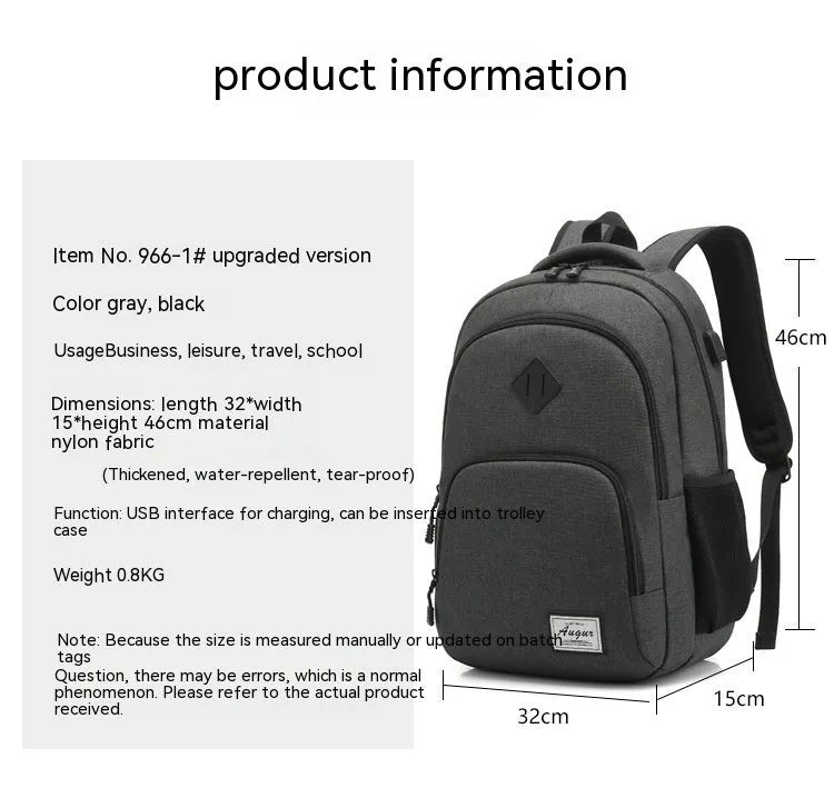 Grey lightweight backpack with USB charging port and trolley strap, showing dimensions 32cm x 15cm x 46cm.
