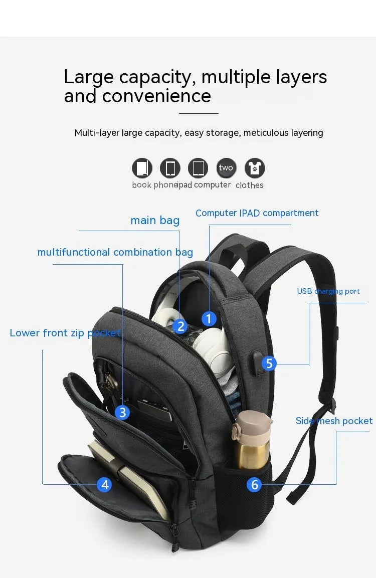 Grey lightweight backpack with USB charging port and trolley strap, showing dimensions 32cm x 15cm x 46cm.