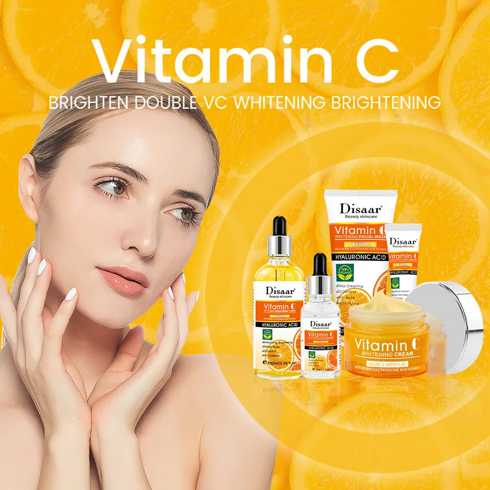 Vitamin C skin care product set with five hydrating and moisturising facial bottles in coordinating colour scheme