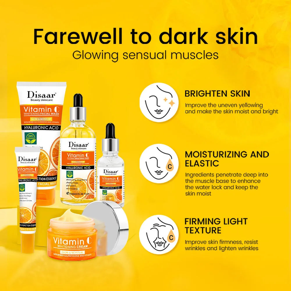 Vitamin C skin care product set with five hydrating and moisturising facial bottles in coordinating colour scheme