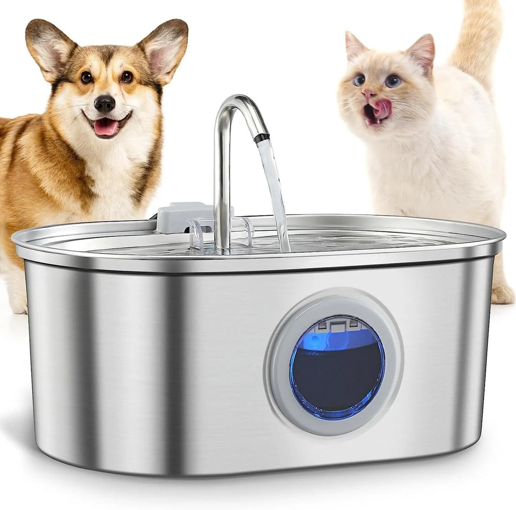 Stainless steel pet water dispenser for cats with filters and water pump, black circular ring
