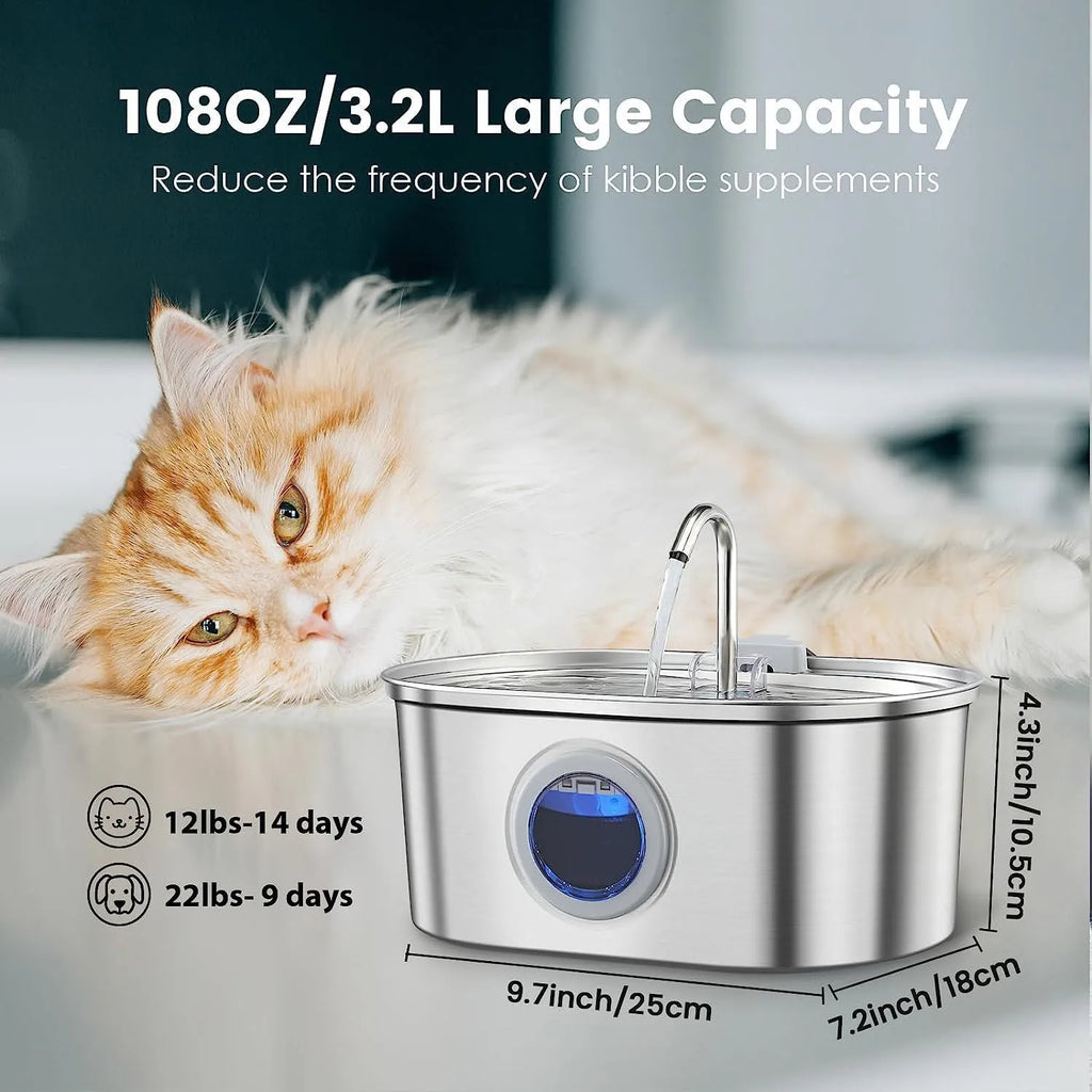 Stainless steel pet water dispenser for cats with filters and water pump, black circular ring