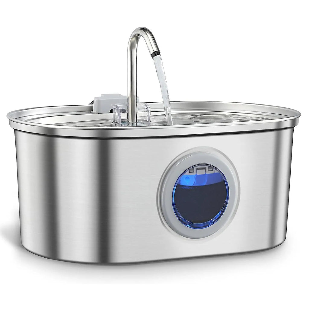 Stainless steel pet water dispenser for cats with filters and water pump, black circular ring