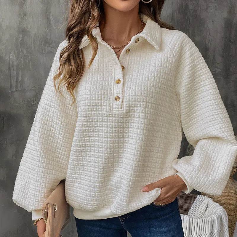 Women's milky white beige thickened polyester sweater with polo collar