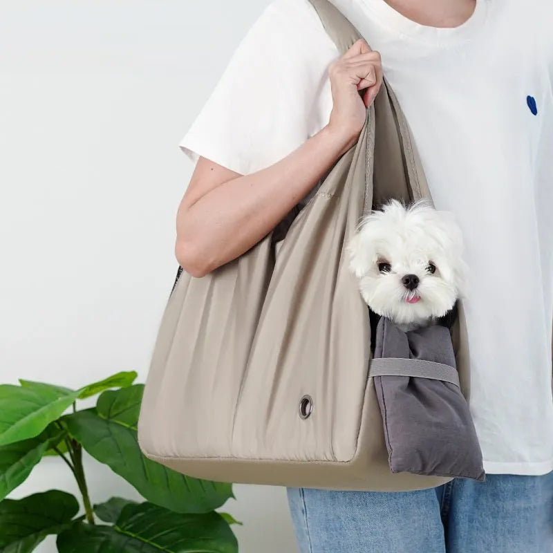 Apricot coloured cloth pet carrier handbag with shoulder strap for dogs and cats