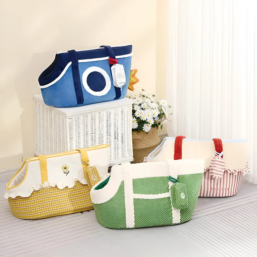 Shoulder cat bag pet carrier with cartoon pattern in green, red stripe, or yellow colours showing plush interior