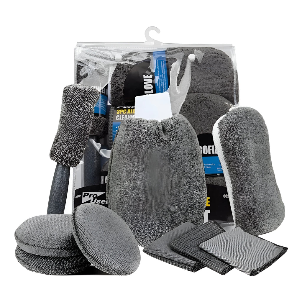9-piece grey car wash cleaning set with microfiber sponge, gloves, tyre brush, wipes and towels