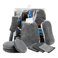 9-piece grey car wash cleaning set with microfiber sponge, gloves, tyre brush, wipes and towels