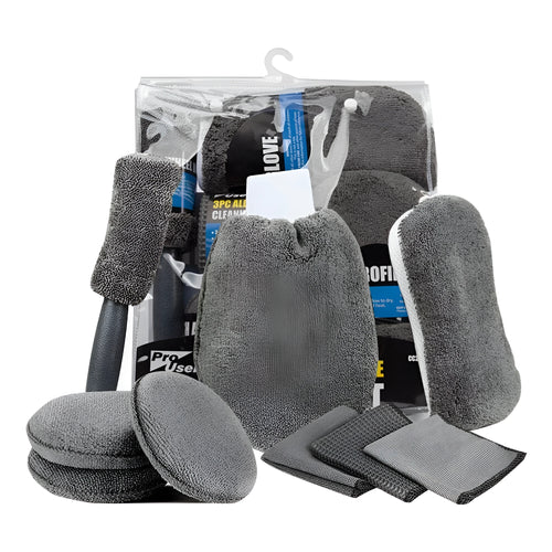 9-piece grey car wash cleaning set with microfiber sponge, gloves, tyre brush, wipes and towels