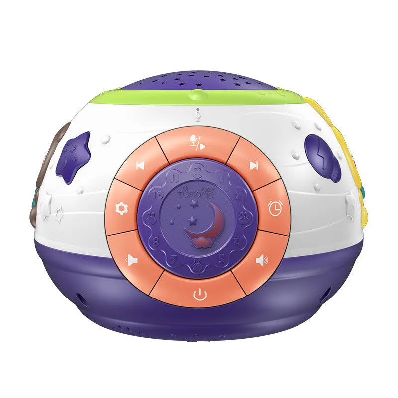 White plastic starry sky night light projector for children with control button on top.