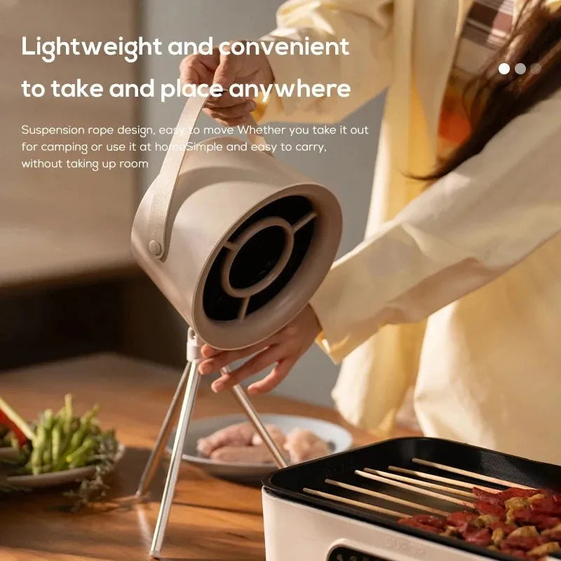 Milk white portable desktop exhaust fan with USB cable and removable filter on a kitchen countertop