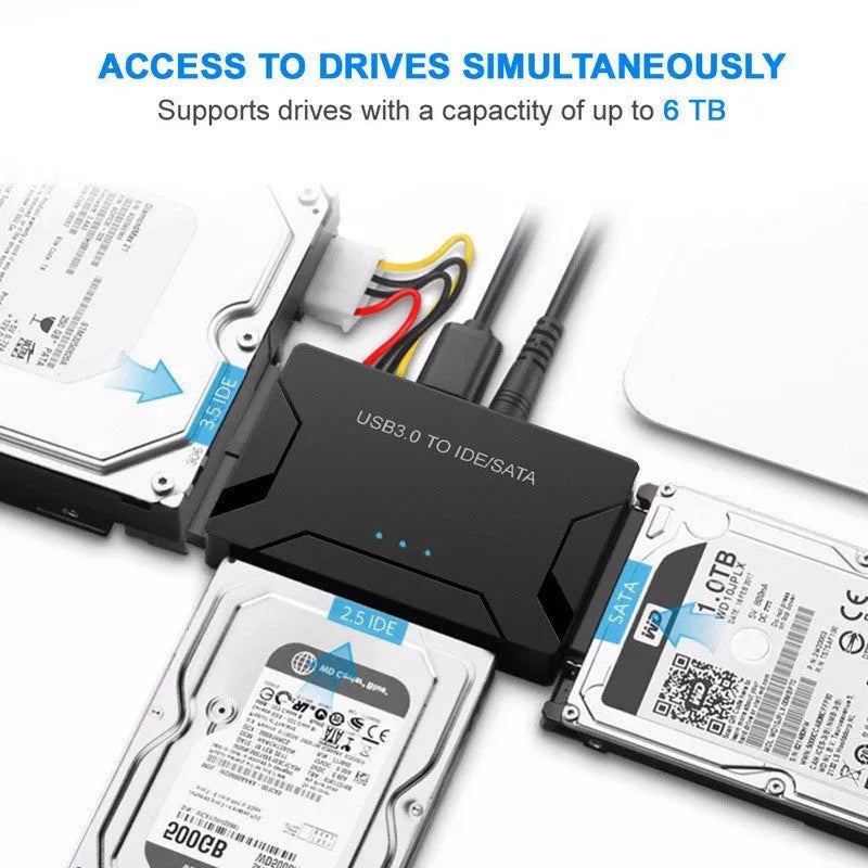 USB 3.0 to IDE and SATA hard drive adapter with cables and power supply for desktop data recovery