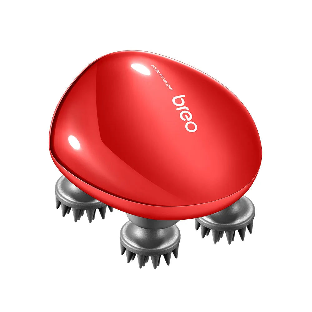 Red handheld electric scalp massager with USB cable connection
