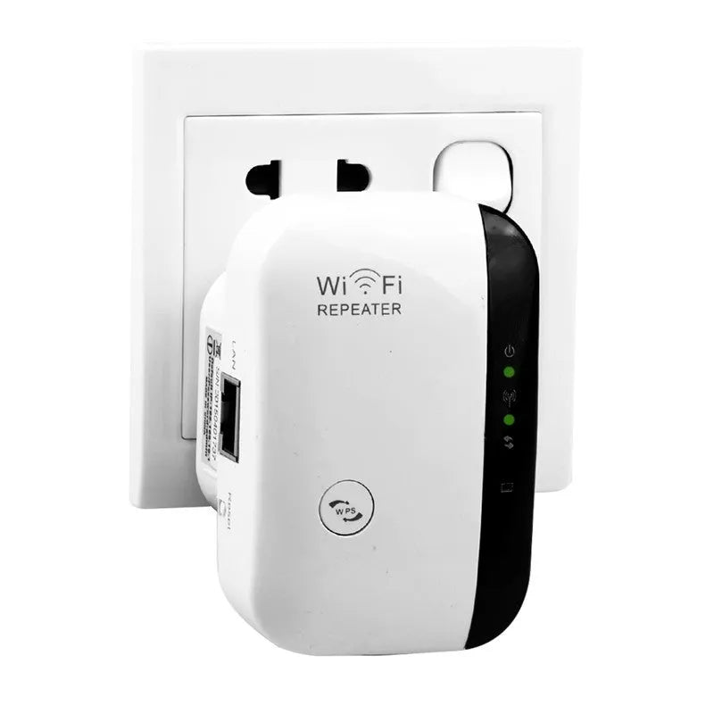 White and black WiFi repeater 300Mbps 2.4GHz with UK plug and integrated antennas isolated on white background