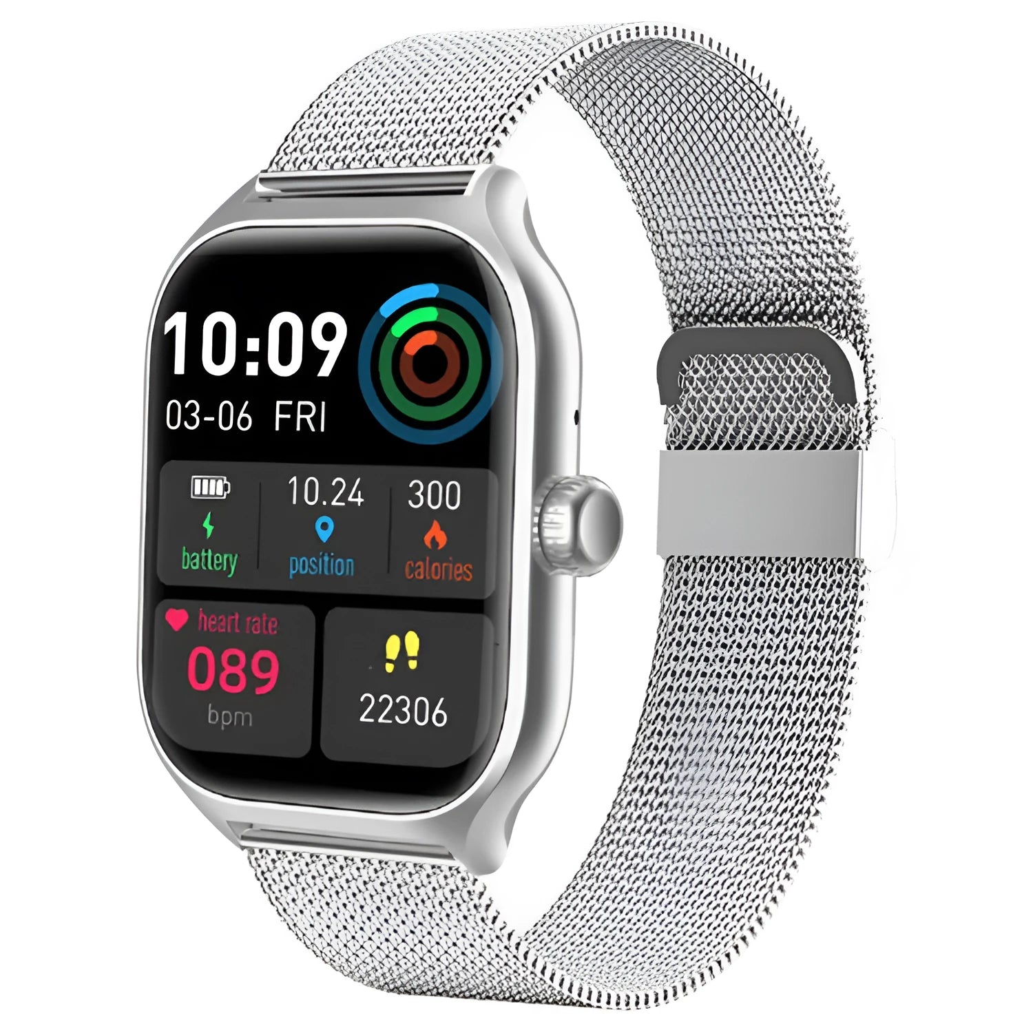 Black Bluetooth smart watch with touch screen and silicone strap on a wrist