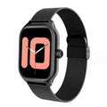 Black Bluetooth smart watch with touch screen and silicone strap on a wrist