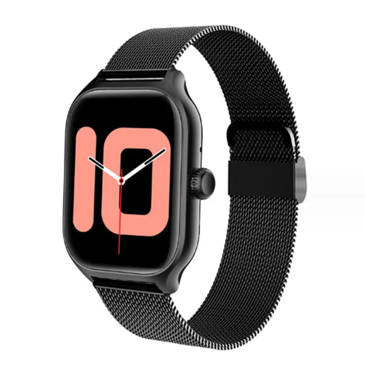Black Bluetooth smart watch with touch screen and silicone strap on a wrist