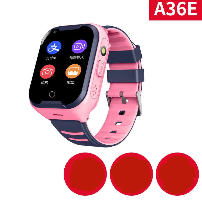 Blue children's smartwatch with a silicone strap and a 1.44-inch touch screen displaying GPS and video call icons.