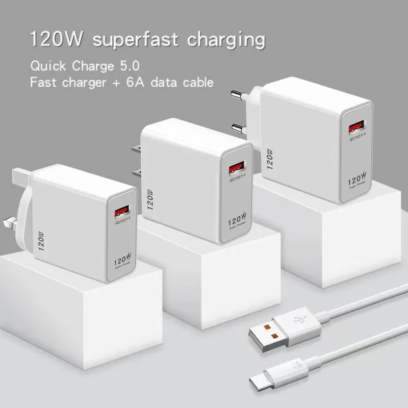 White 120W USB fast charging head with QC5.0 technology and included data cable