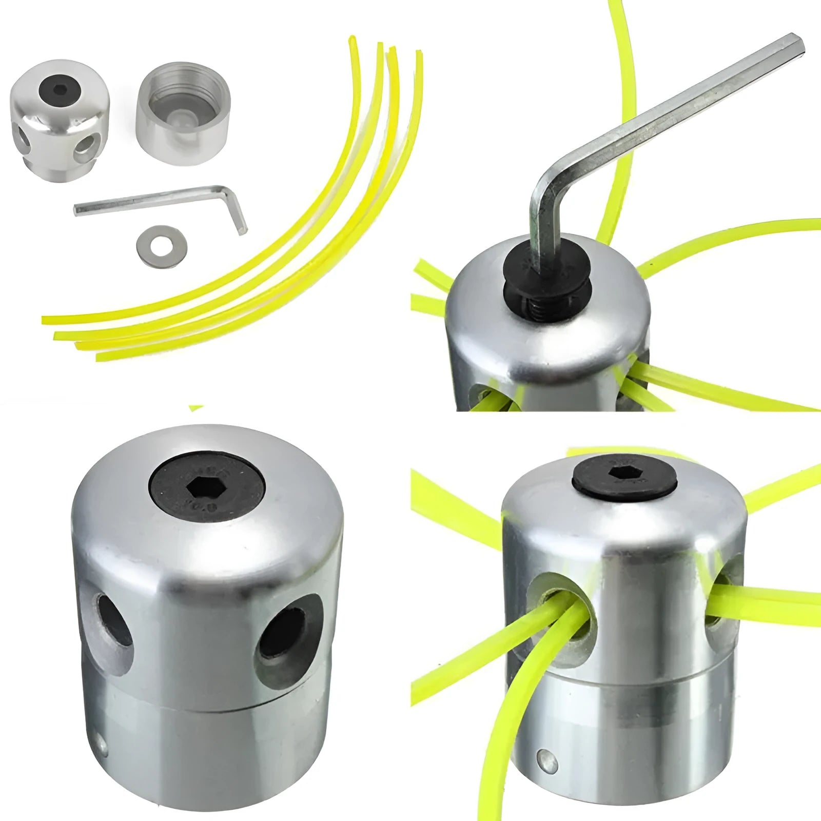 Silver aluminium lawn mower grass replacement head with four light yellow square cords, a wrench, and a gasket.