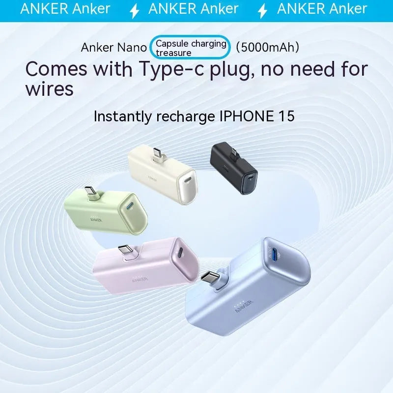 Small capsule power bank measuring 77x36x25mm with 5000mAh capacity in multiple colour options