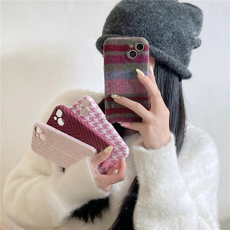 Houndstooth and plaid TPU iPhone case with drop protection, shown in pink and blue purple patterns