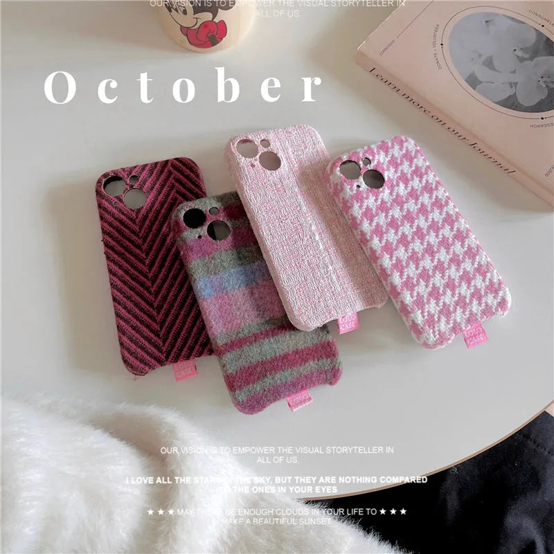 Houndstooth and plaid TPU iPhone case with drop protection, shown in pink and blue purple patterns