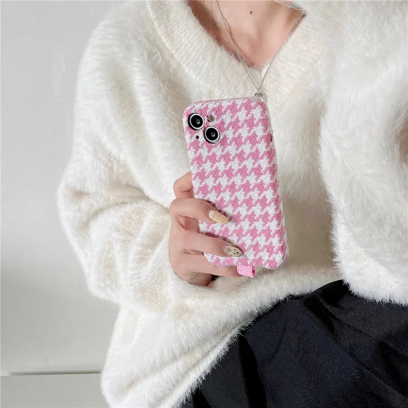 Houndstooth and plaid TPU iPhone case with drop protection, shown in pink and blue purple patterns