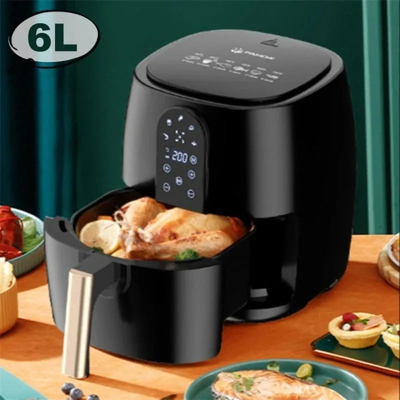 Black touch screen air fryer with digital display and non-stick Teflon basket.