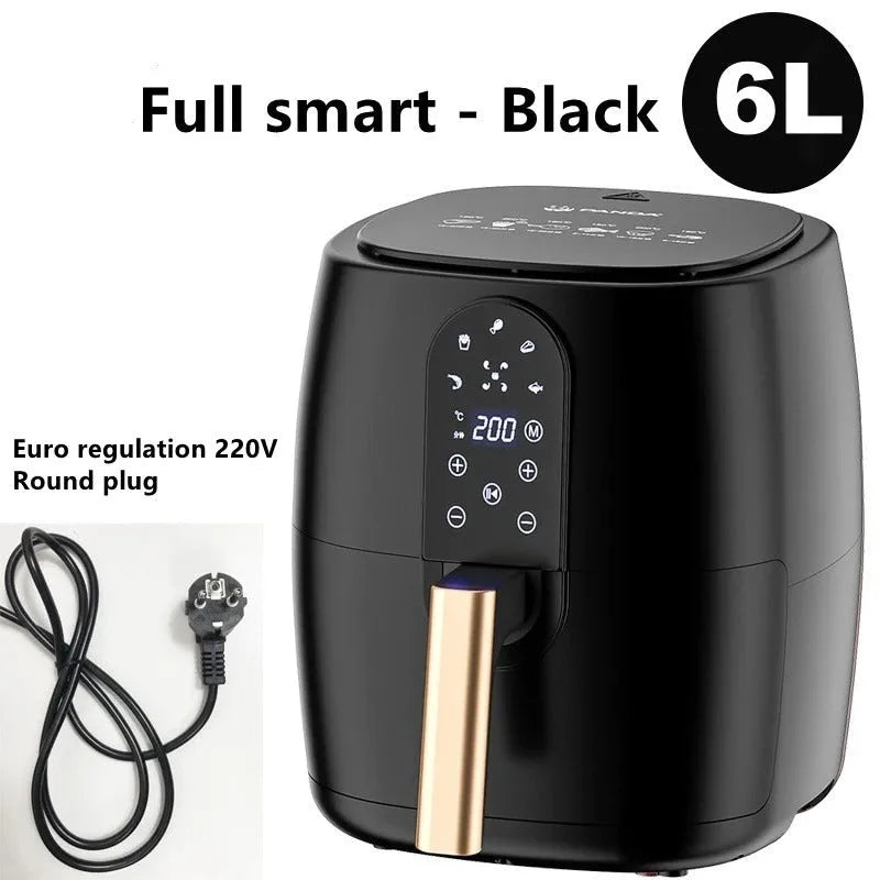 Black touch screen air fryer with digital display and non-stick Teflon basket.