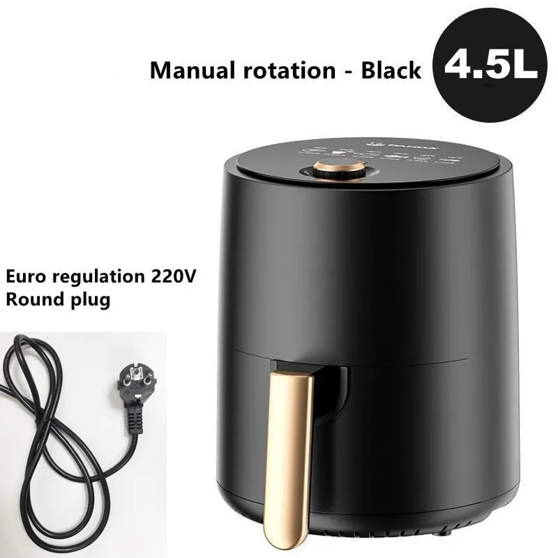 Black touch screen air fryer with digital display and non-stick Teflon basket.