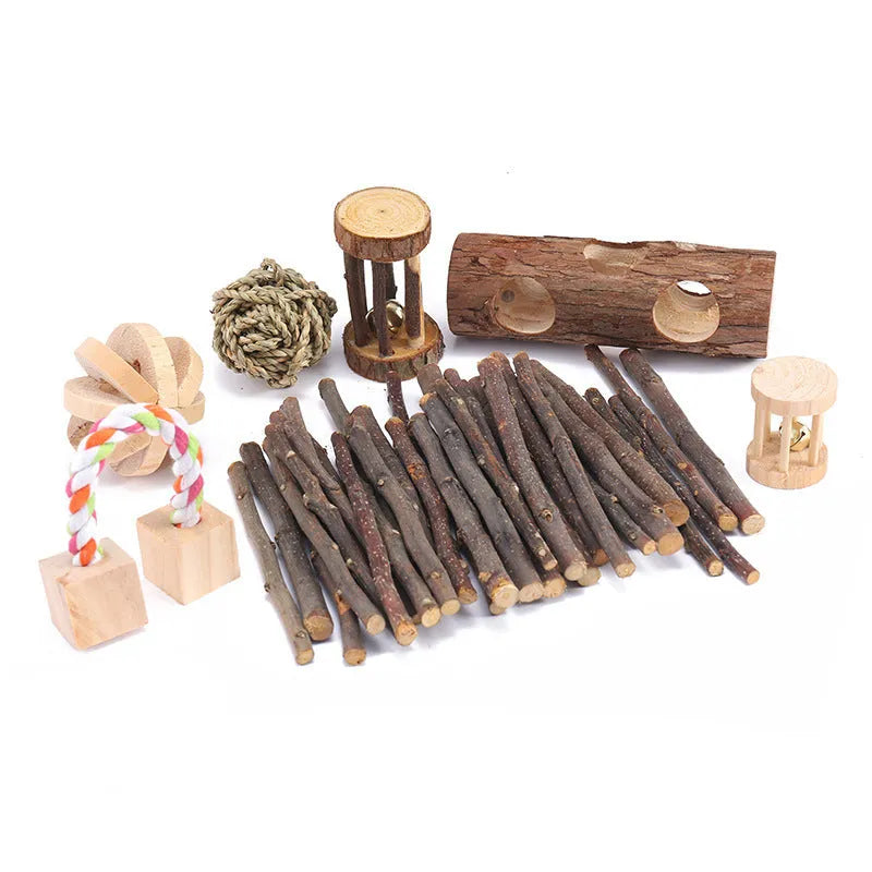 Natural wooden toy set for small pets with natural logs, suitable for hamsters, birds, and rabbits