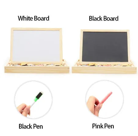 Wooden magnetic puzzle board with animal and vehicle pieces on drawing surface