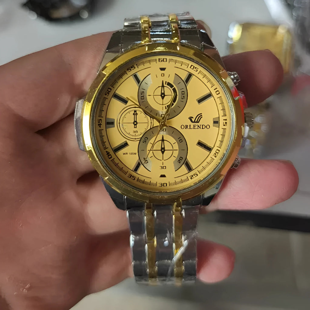 Men's multi-function business quartz watch with three-eye dial in silver gold colour, analogue display