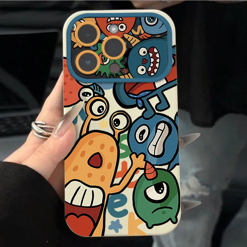 Cartoon little monster silicone phone case with mirror finish in orange colour for iPhone 14