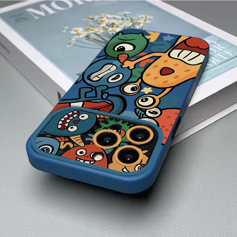 Cartoon little monster silicone phone case with mirror finish in orange colour for iPhone 14