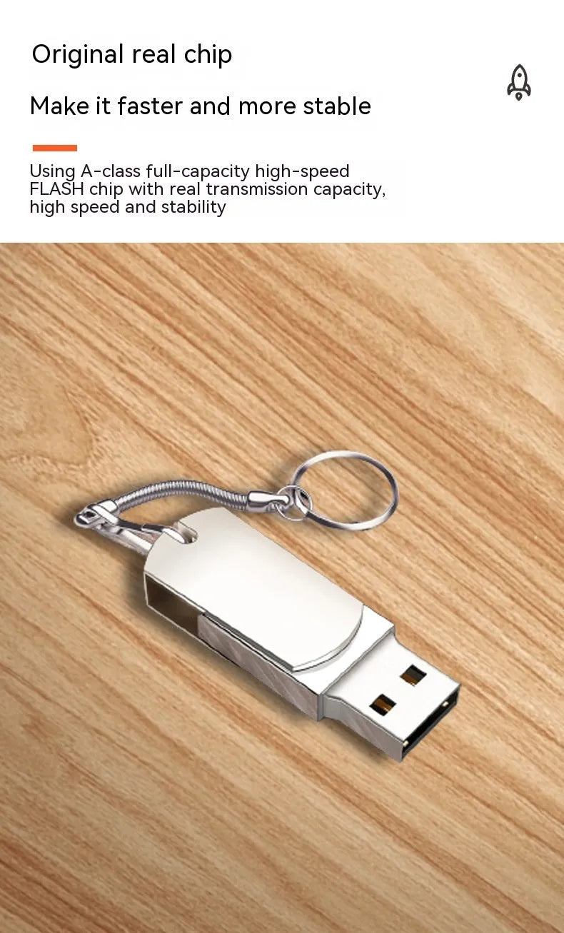 White metal USB flash drive with rotational mechanism showing compact 34mm design
