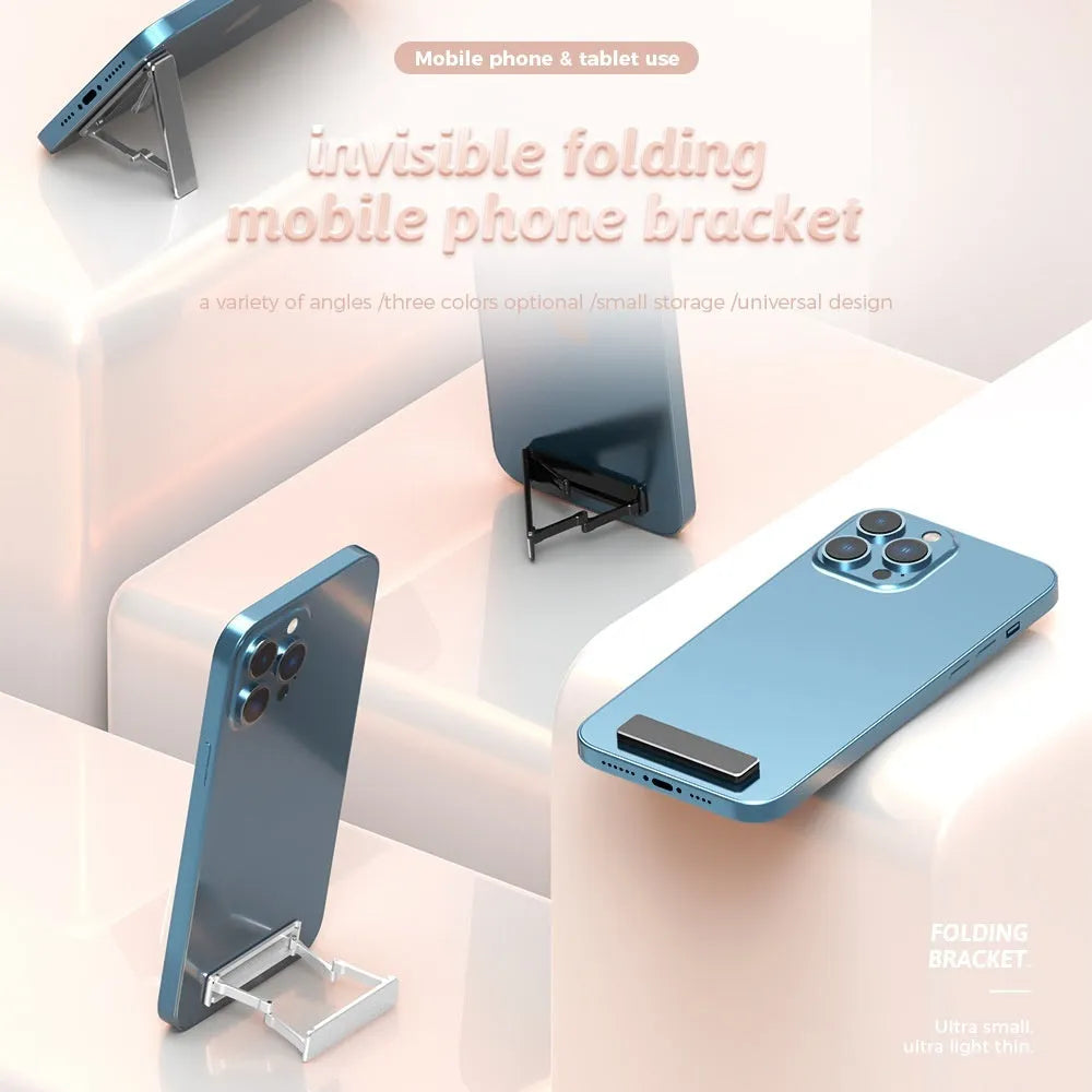 Aluminium alloy foldable mobile phone bracket with back sticker in silver, light gray, and black on a white background