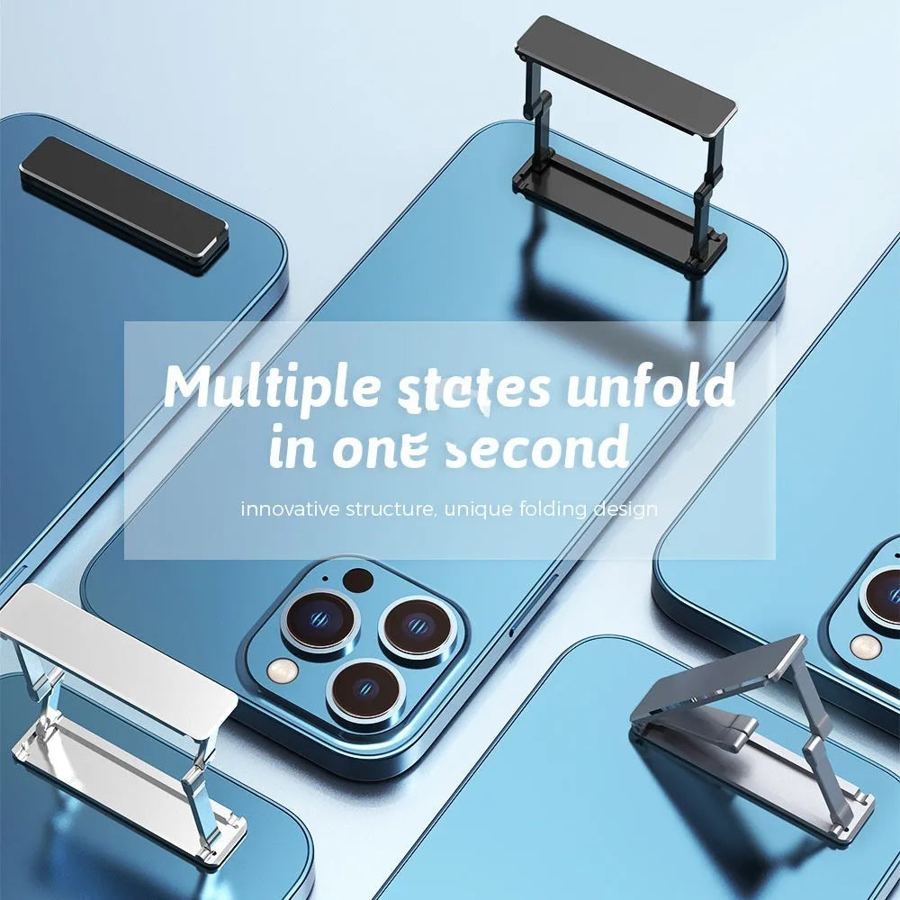 Aluminium alloy foldable mobile phone bracket with back sticker in silver, light gray, and black on a white background