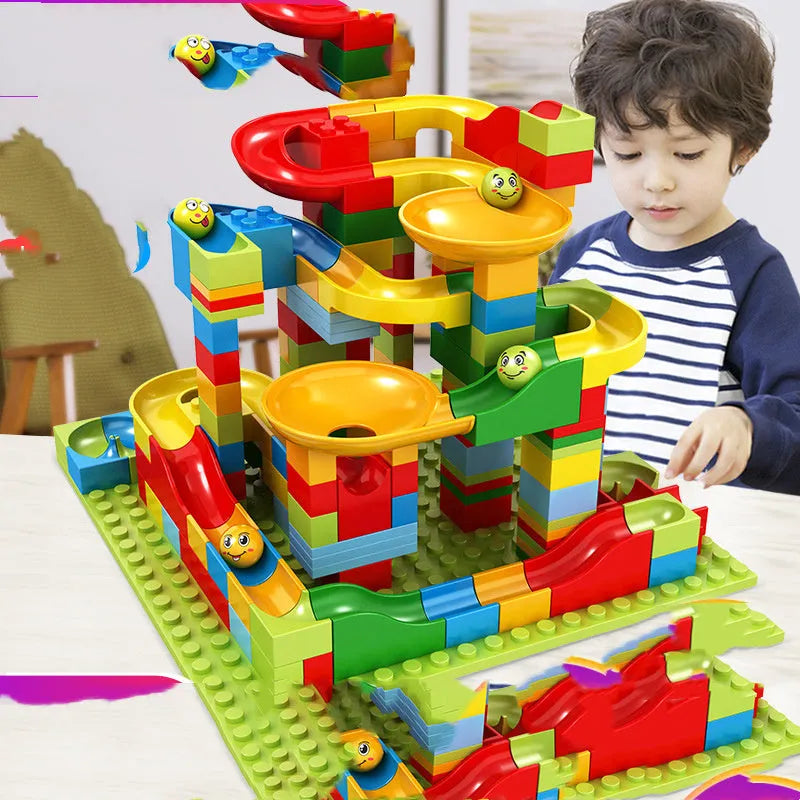 168-336 piece plastic building block set with race run track and funnel slide in colour box packaging