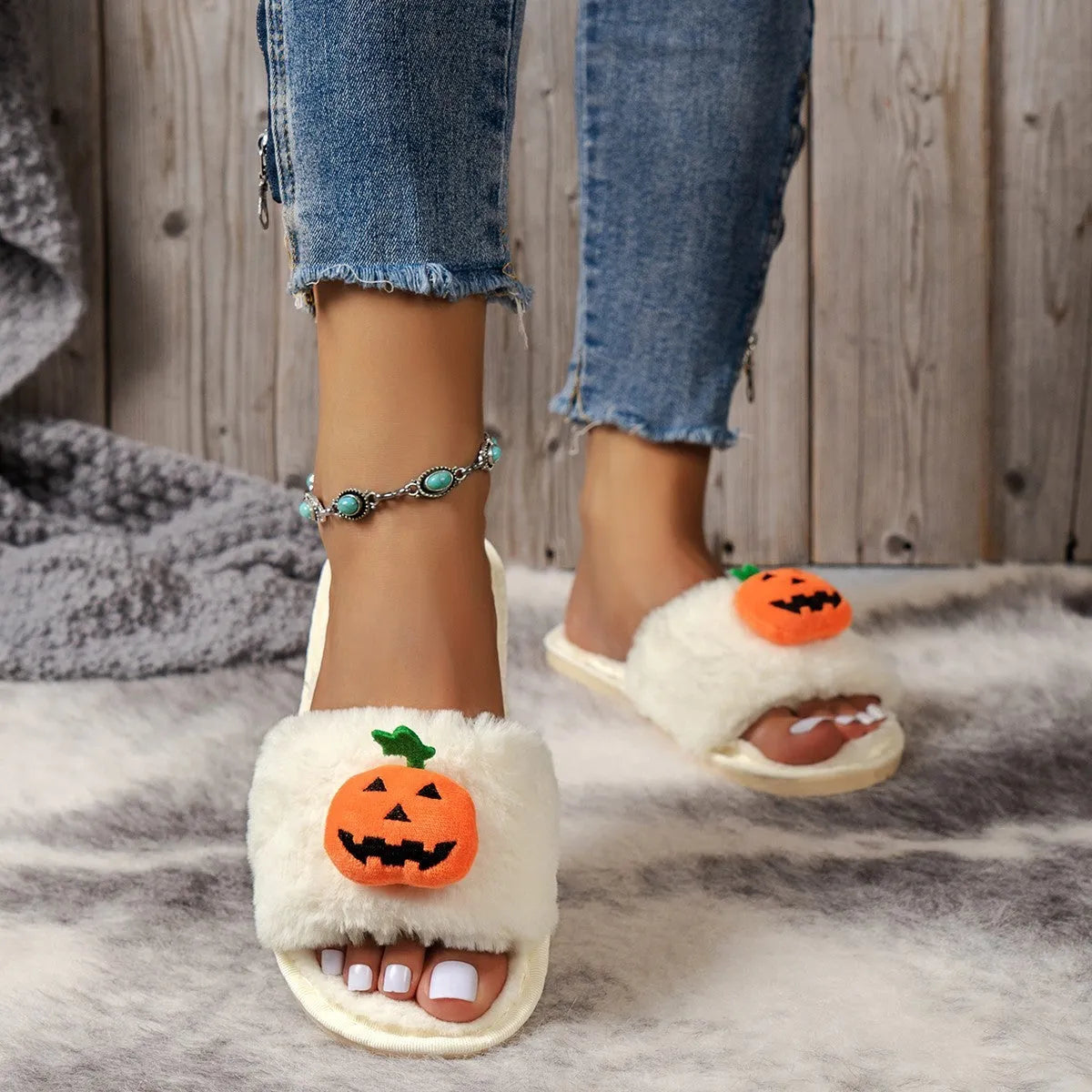 Yellow and white pumpkin cartoon plush open-toe slippers with anti-slip soles
