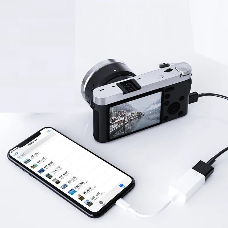 White Apple OTG adapter with Lightning connector and ABS plastic shell, 6g lightweight design