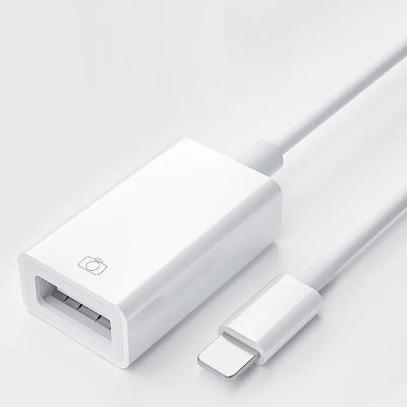 White Apple OTG adapter with Lightning connector and ABS plastic shell, 6g lightweight design