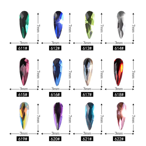10 acrylic 3D nail art rhinestones in long water drop shape, 7x3mm, glitter finish, eleven colour options